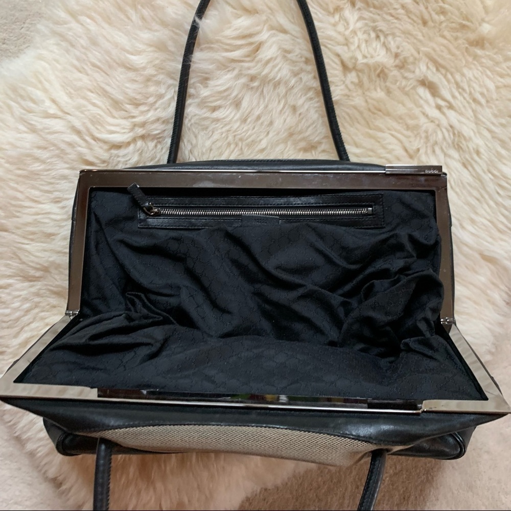 Gucci Canvas Bee Embroidered Purse Tote Shoulder Bag Black Leather Trim - Picture 6 of 9